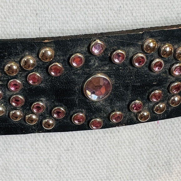 Leather Pink Clear Studded Dark Gray Ladies Fashion Belt Brass Buckle Size M/36" - Picture 4 of 9